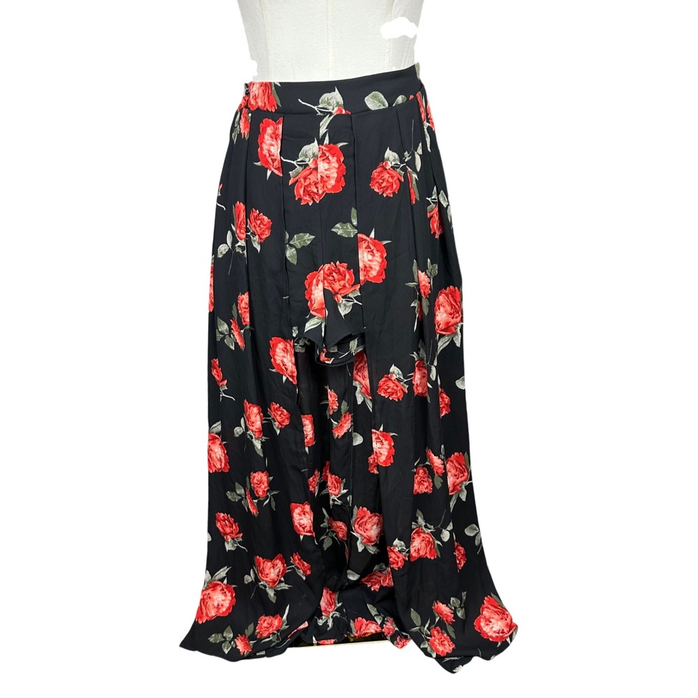 Womens Floral Maxi Skirt with Shorts Overlay Red Rose Black Size L Festival